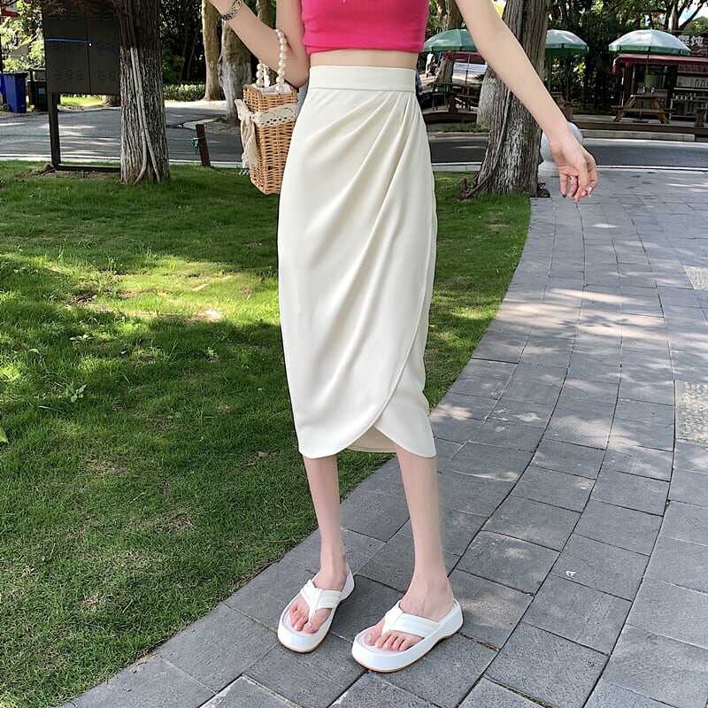 スカート ボトムス ロング ミモレ丈 ミディアム丈 ひざ下 フレア リボン スカート ラップスカート ラウンドカット アシンメトリー ウエストゴム ボリューム モード ハイウエスト ワイド