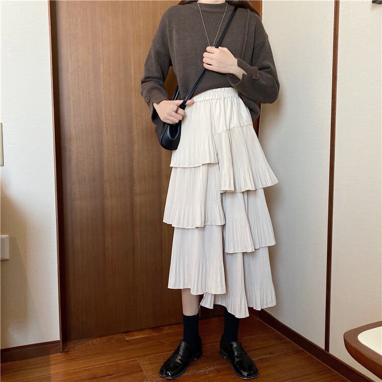 スカート プリーツスカート ボトムス ミモレ丈 フレア フリル アシンメトリー ハイウエスト Aライン ミモレ 丈 ワイド ゆったり アシンメトリー ウエスト ゴム 通気性 動きやすい