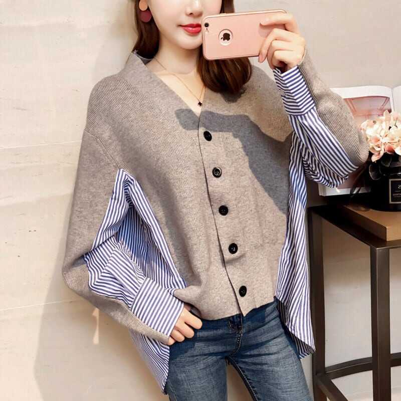Nylon, Rayon, Polyester - 個性的 トップス シャツ ニットソー セーター 袖あり 長袖 Vネック ドッキング 切り替えデザイン ドッキング ニット かわいい 大人可愛い シンプル カジュアル 大人 おしゃれ お洒落