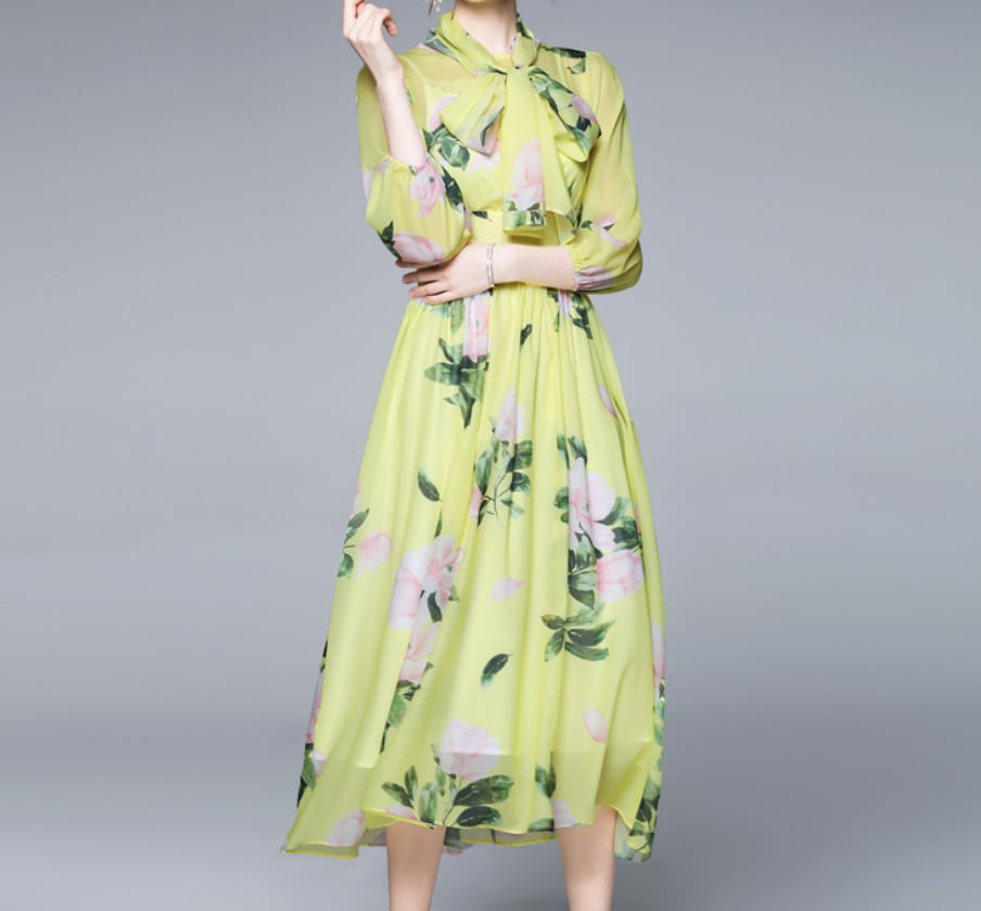 ワンピース 上着 人気 おすすめ おしゃれ お洒落 激安 安い 送料無料 プチプラ 長袖 ロング ハイネック　ふんわり　とろみ　ロングスカート 柄 プリント 花柄 リボン シアー 透け