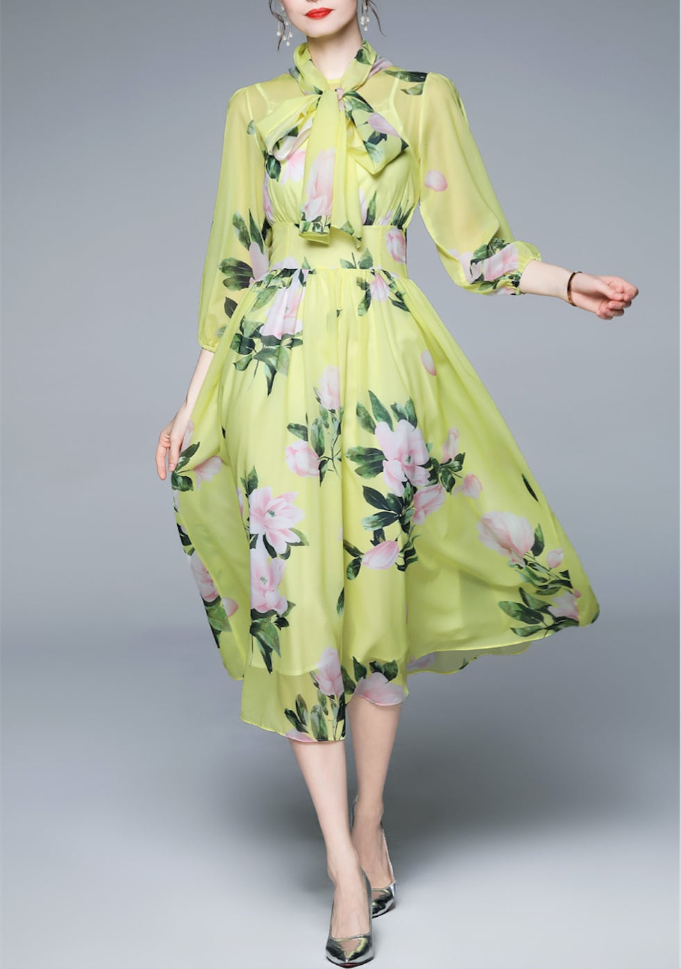 ワンピース 上着 人気 おすすめ おしゃれ お洒落 激安 安い 送料無料 プチプラ 長袖 ロング ハイネック　ふんわり　とろみ　ロングスカート 柄 プリント 花柄 リボン シアー 透け