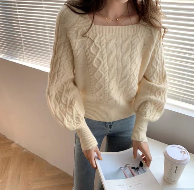 Boat Neck - トップス スクエアネック 長袖 ニット セーター ケーブル編み柄 ショート丈 カラバリ くすみ 人気 おすすめ おしゃれ お洒落 激安 安い 送料無料 プチプラ 可愛い かわいい 韓国 かっこいい