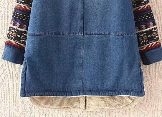 アウター 上着 コート フーデッドコート デニム調 Aライン ミドル丈 チュニック丈 ジップアップ エスニック柄 温かい 防寒 防風 体型カバー スタイルアップ 可愛い かわいい きれいめ