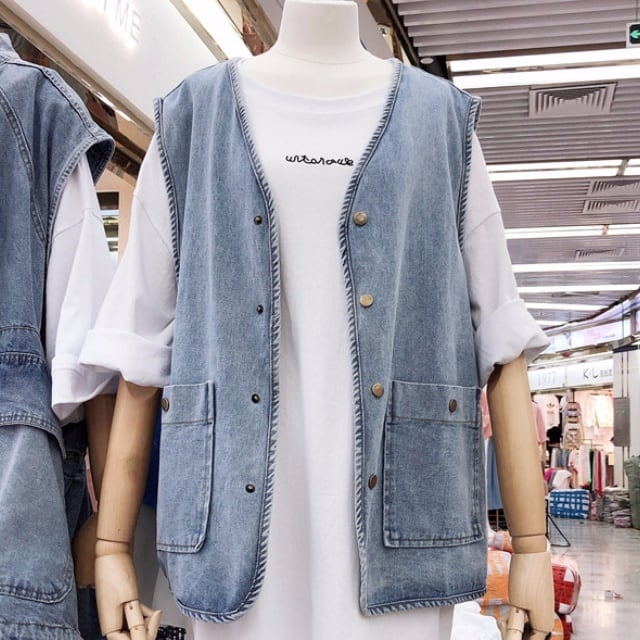 Rakuten - トップス ジレ ベスト 袖なし 襟付き 前開き デニム ビッグシルエット ヴィンテージ風 オーバーサイズ かわいい 大人可愛い きれいめ シンプル カジュアル 大人 おしゃれ お洒落 無地 春 夏