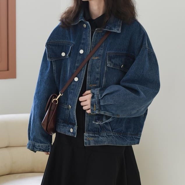 コート アウター ショート 無地 ミニマル ドロップショルダー デニム レギュラーカラー Gジャン デニムブルー ヴィンテージ風 切り替え 袖あり 長袖 ポケット付き アウター 羽織り