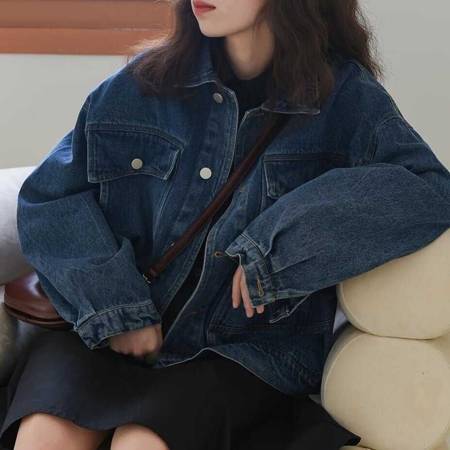 コート アウター ショート 無地 ミニマル ドロップショルダー デニム レギュラーカラー Gジャン デニムブルー ヴィンテージ風 切り替え 袖あり 長袖 ポケット付き アウター 羽織り