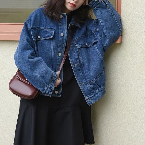 コート アウター ショート 無地 ミニマル ドロップショルダー デニム レギュラーカラー Gジャン デニムブルー ヴィンテージ風 切り替え 袖あり 長袖 ポケット付き アウター 羽織り