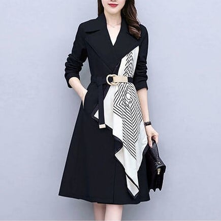 Turn-Down Collar Coat - トレンチ コート アウター ロング コート 暖かい 防寒 ステン カラー コート スプリング コート ロング丈 ステンカラー 長袖 ベルト付き 襟あり スカーフ 薄手 軽い きれいめ 大人 おしゃれ 上品