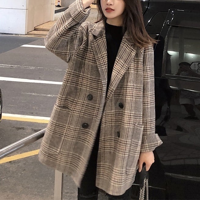 Turn-Down Collar Coat - レディース ジャケット コート 上着 テーラードジャケット 暖かい 防寒 チェスター ラペルネック チェック 格子柄 韓国 インスタ映え 高見え スタイルアップ 可愛い かわいい かっこいい カジュアル