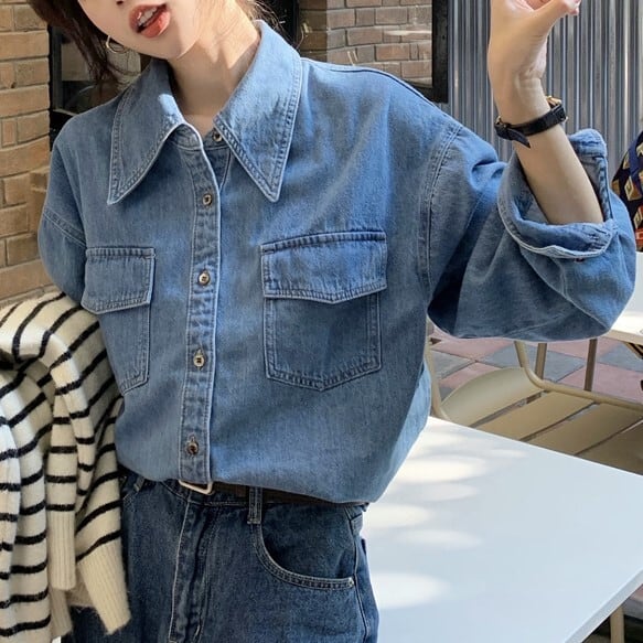 Rakuten - デニムシャツ レディース シャツ 上着 羽織り ジージャン デニム インスタ映え 高見え 可愛い かわいい 韓国 かっこいい カジュアル 大人 上品 きれいめ シンプル クラシック エレガント