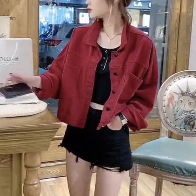 Turn-Down Collar Coat - レディース ジャケット 上着 羽織り ジージャン 暖かい 防寒 クロップド丈 デニムジャケット デニム インスタ映え 高見え 可愛い かわいい 韓国 かっこいい カジュアル 大人 上品 きれいめ シンプル