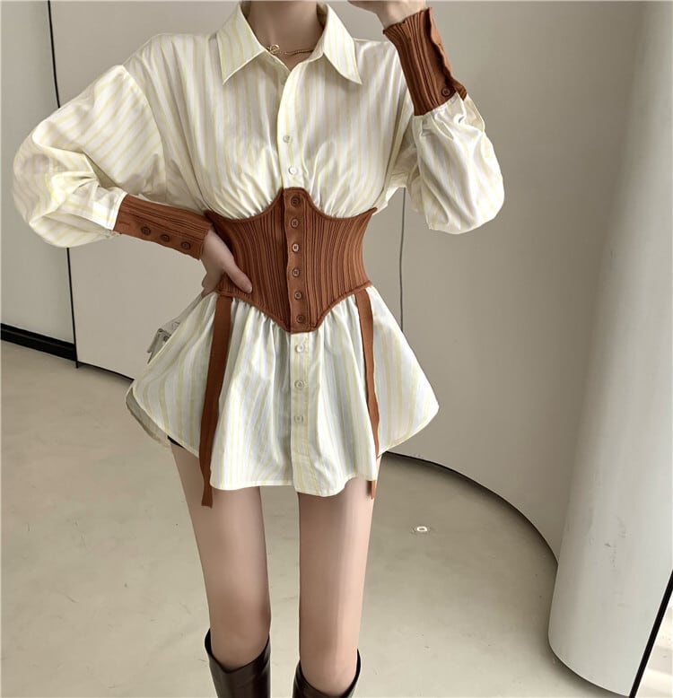 乐天商城 - 個性的 トップス ワンピース シャツ シャツワンピース ミニ ミニ丈 ショート ショート丈 袖あり 長袖 ウエストマーク かわいい 大人可愛い きれいめ シンプル カジュアル 大人 上品