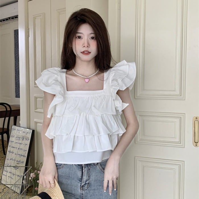 Sleeveless - トップス シャツ ブラウス 白シャツ 白トップス ショート丈 袖なし ノースリーブ スクエアネック フリル かわいい 大人可愛い きれいめ シンプル カジュアル 大人 上品 おしゃれ お洒落