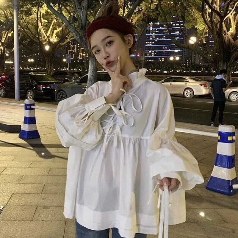 トップス シャツ ブラウス 白シャツ 白トップス 袖あり 長袖 ハイネック スタンドカラー フレア リボン 切り替えデザイン バックシャン バックコンシャス かわいい 大人可愛い きれいめ(4)