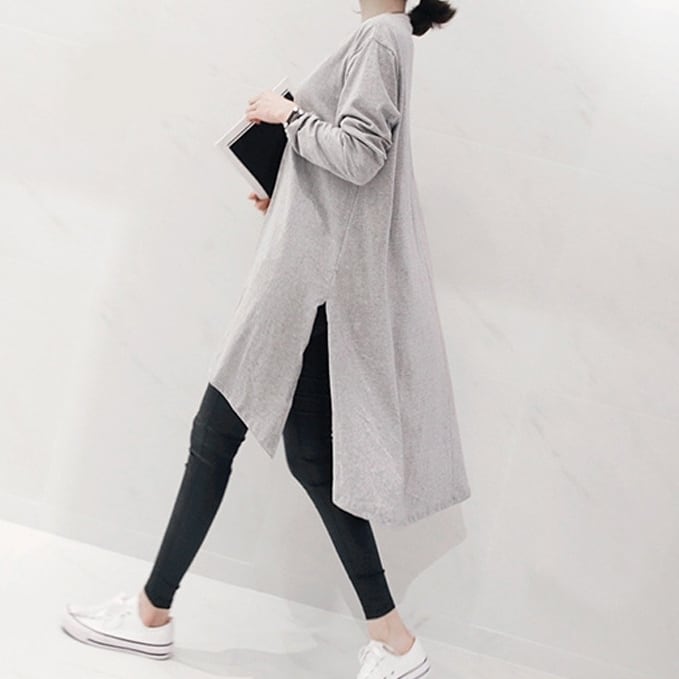 ワンピース レディース Tシャツ ミディアム丈 ルーズ 長袖 襟付き クルーネック ゆったり Aライン ロングテール こなれ感 かわいい 大人可愛い きれいめ シンプル カジュアル 大人 上品