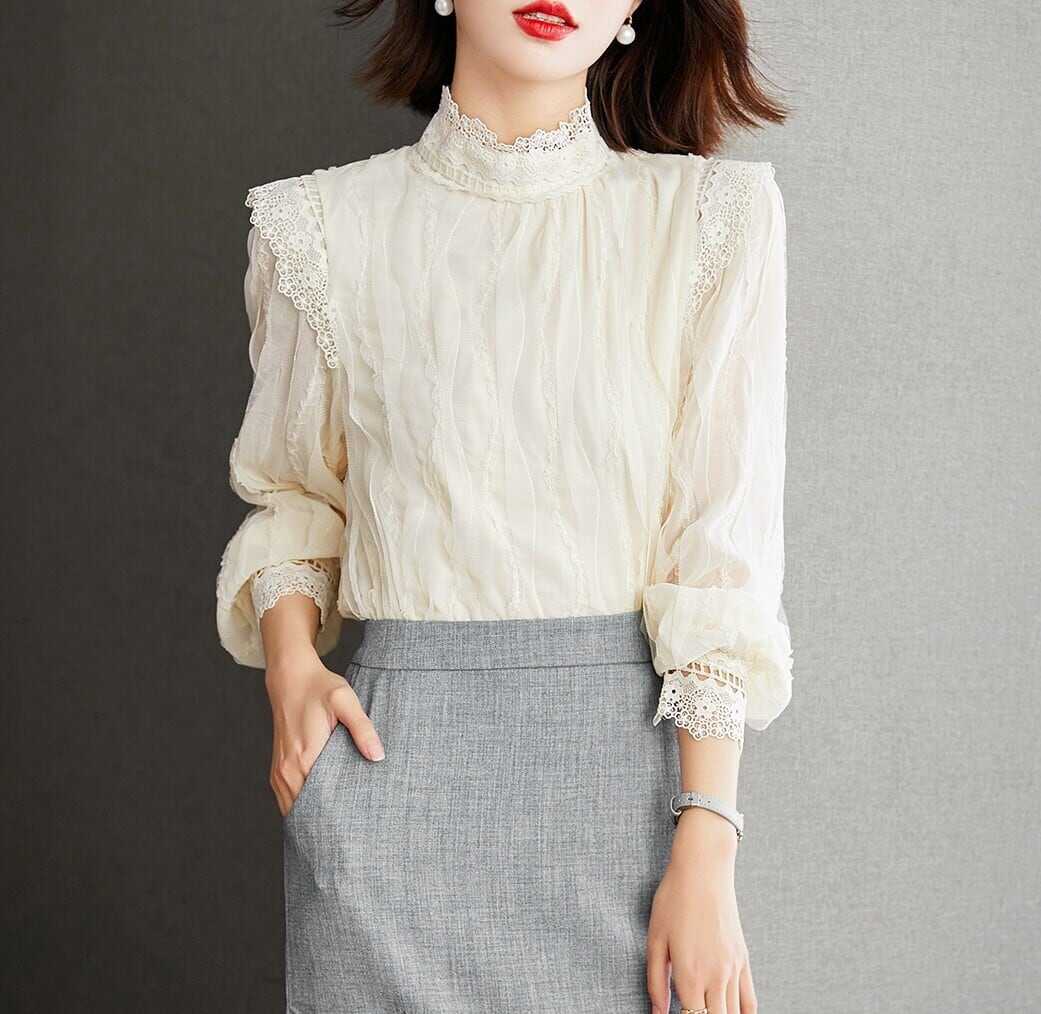Long-Sleeved - ブラウス シャツ トップス 人気 おすすめ おしゃれ お洒落 激安 安い 送料無料 プチプラ 長袖 ロング プル オーバー 細身 美シルエット 華奢見え スタンドカラー レース 新作 可愛い