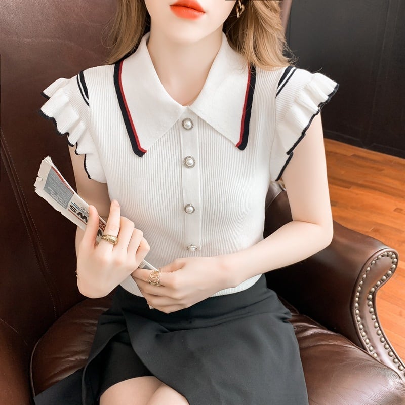 トップス ニットソー セーター 白トップス 袖あり 半袖 襟付き フリル リブ リブニット ニット サマー..