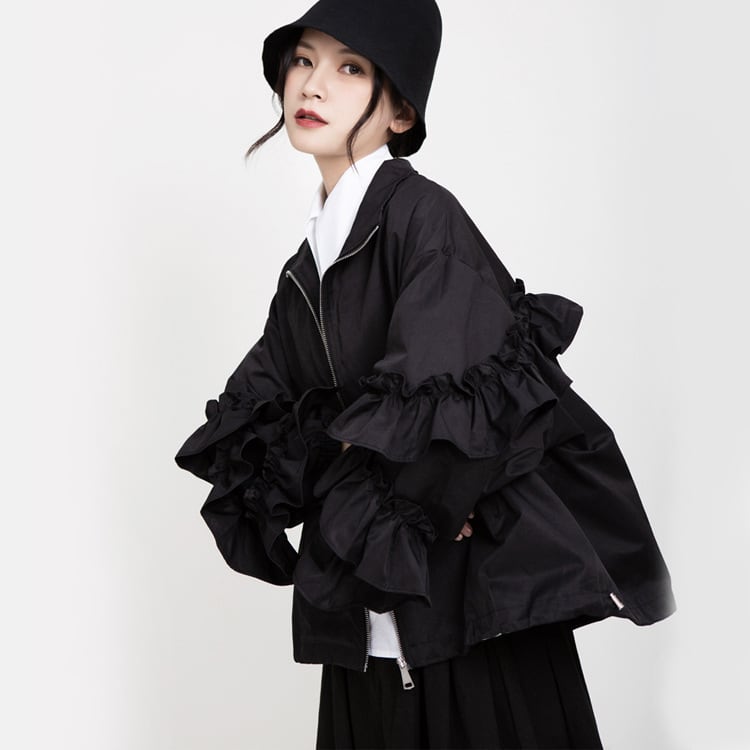 Rakuten - アウター ジャケット 袖あり 長袖 ボリューム袖 シフォン フリル ファスナー 前開き ポリエステル かわいい カジュアル おしゃれ お洒落 かっこいい ラフ メンズライク ラブリー キュート