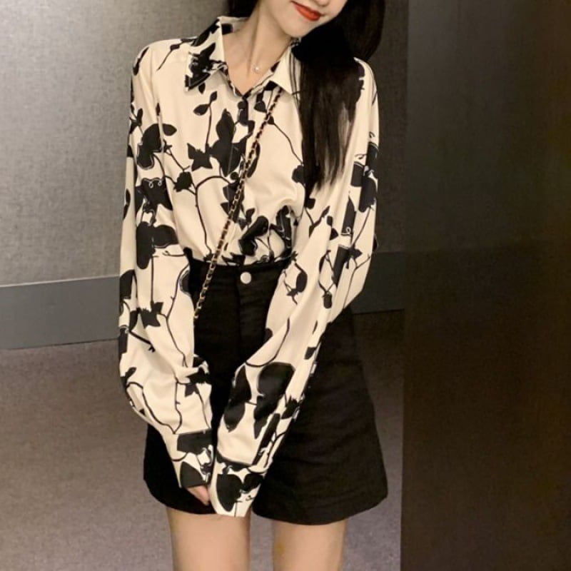 Rakuten - トップス シャツ ブラウス 袖あり 長袖 襟付き 大人可愛い 花柄 フラワー ボタニカル モノトーン モード ニュアンスカラー ビッグシルエット オーバーサイズ きれいめ シンプル カジュアル
