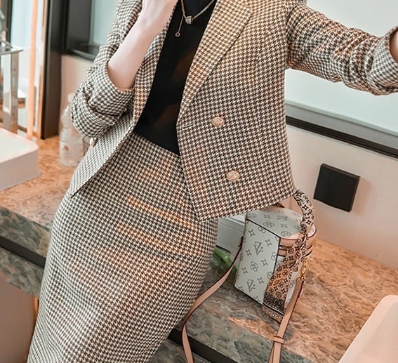 セットアップ ジャケット 上着 2点セット スーツ クロップ丈 タイトスカート ペンシルスカート チェック柄 格子柄 ショート丈 膝上 袖あり 長袖 上下セット 2点セット ツーピース かわいい