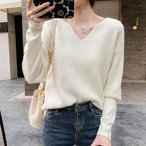 V-Neck - トップス ニットソー セーター 白トップス 袖あり 長袖 Vネック キーネック 襟なし ニット かわいい 大人可愛い きれいめ シンプル カジュアル 大人 上品 おしゃれ お洒落 かっこいい