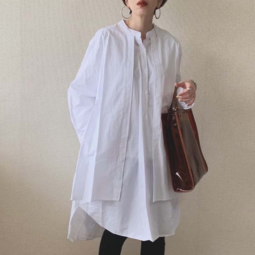 Rakuten - トップス シャツ 白シャツ 白トップス ロング丈 袖あり 長袖 襟なし ストレート 綿 かわいい 大人可愛い シンプル カジュアル 大人 おしゃれ こなれ感 ラフ ルーズ 無地 春 秋 10代 20代 30代