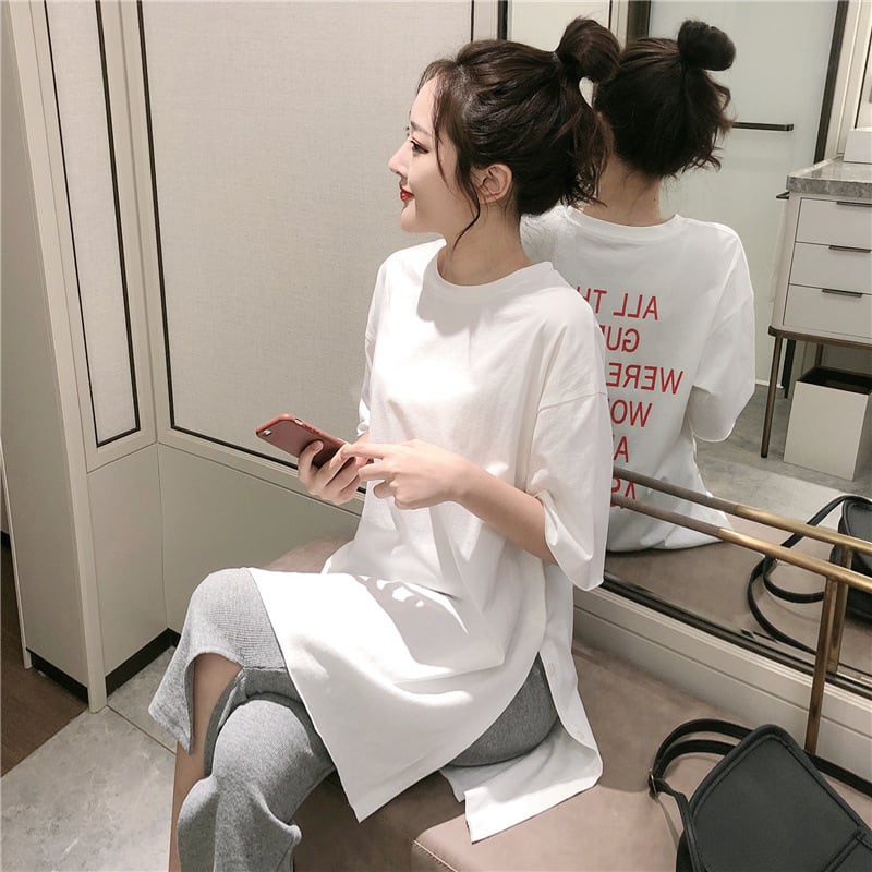 Rakuten - トップス Tシャツ 白トップス ビッグT ロング丈 袖あり 半袖 ラウンドネック 綿 かわいい シンプル カジュアル ラフ ラブリー キュート ガーリー ルーズ プリント 夏 10代 20代 30代