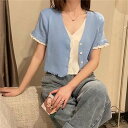 トップス カーディガン ショート丈 袖あり 半袖 フリル 2点セット かわいい きれいめ シンプル おしゃれ 無地 春 夏 10代 20代 30代 ママ 学生 ...
