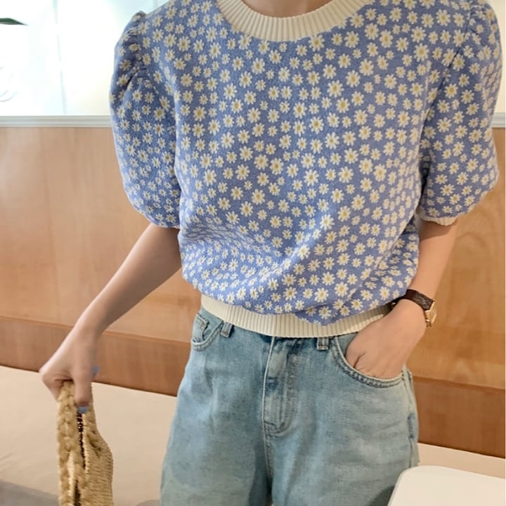 Rakuten - トップス Tシャツ カットソー ニットソー 袖あり 半袖 クルーネック バイカラー スリム 花柄 フラワー デイジー タック メロウ かわいい 大人可愛い きれいめ シンプル カジュアル おしゃれ