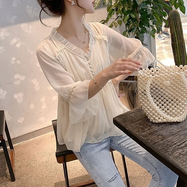 Long-Sleeved - トップス レディース シャツ ブラウス 袖あり 長袖 襟なし 透け感 フリル ウエストマーク ハイウエスト Vネック ペプラム 大人可愛い きれいめ シンプル カジュアル 大人 上品 おしゃれ