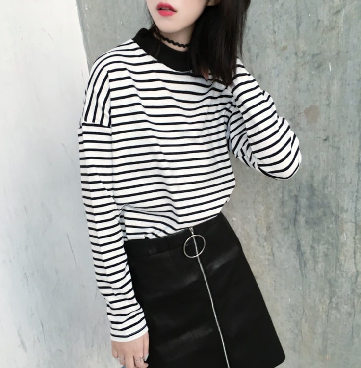 Rakuten - Tシャツ レディース トップス カットソー ルーズ ボーダー 長袖 襟付き スリット プチハイネック ドロップショルダー クルーネック ゆったり Aライン こなれ感 かわいい 大人可愛い
