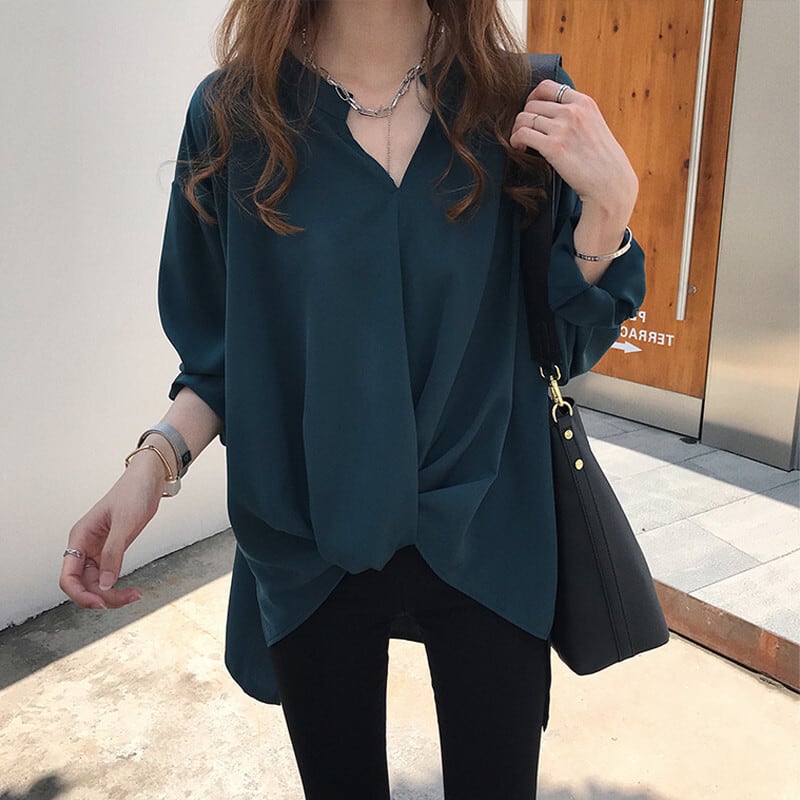 Long-Sleeved - トップス レディース ブラウス 袖あり 長袖 襟なし フリル 無地 ノット ギャザー キーネック パフスリーブ かわいい 大人可愛い きれいめ シンプル カジュアル 大人 上品 おしゃれ お洒落