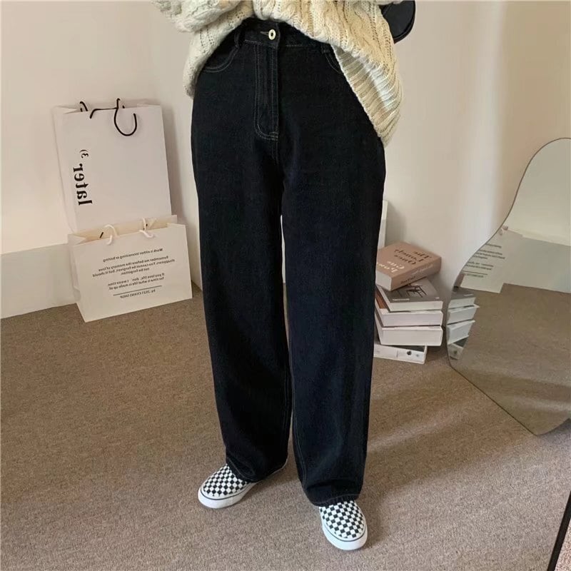 Rakuten - パンツ ボトム デニム パンツ Gパン ワイド パンツ ハイウエスト カラーデニム モノトーン ゆったり コットン ストレート 綿 美脚 動きやすい 韓国 ヒップアップ 流行り かわいい 可愛い