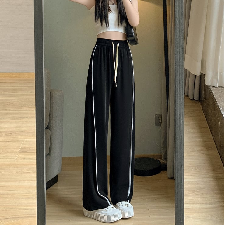 Rakuten - ラフパンツ ボトムス 長ズボン スラックス スウェット ワントーン バイカラー パイピング ライン ドローストリング レトロ フレアパンツ スリット ウエストゴム セミフレア ハイウエスト