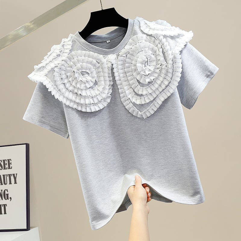 Rakuten - トップス Tシャツ カットソー プルオーバー 袖あり 半袖 クルーネック レース フリル かわいい 大人可愛い きれいめ シンプル カジュアル 大人 上品 おしゃれ お洒落 レトロ 大人可愛い