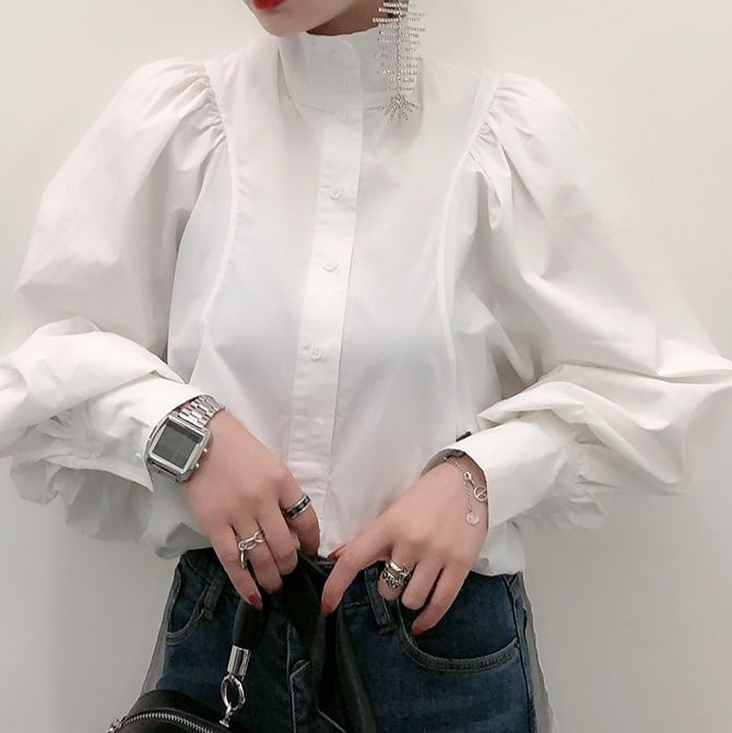 個性的トップスシャツブラウス白シャ...