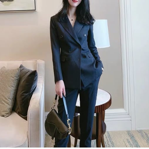 上下2点セット ツーピース セットアップ スーツ プロフェッショナルスーツ ツーピーススーツ パンツスーツ ハイエンドスーツ ビジネススーツ 無地 細身 ダブルブレスト 長袖 襟付き