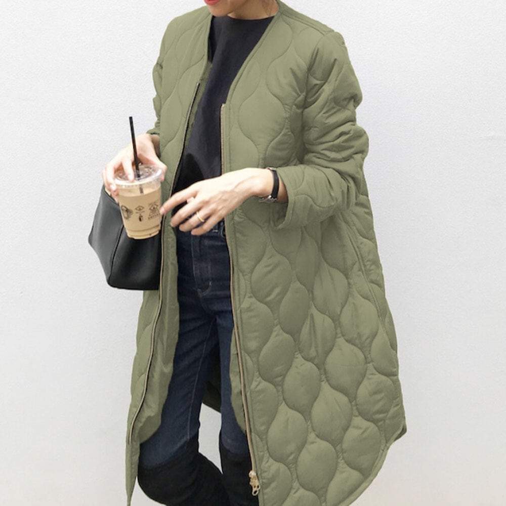 中綿コート レディース アウター ダウンコート 切り替え 暖かい 防寒 ノーカラー キルティング ミリタリー アーミー マニッシュ 薄手 韓国風 幾何学模様 ロング丈 軽い 軽量 冬服 厚手 アウター