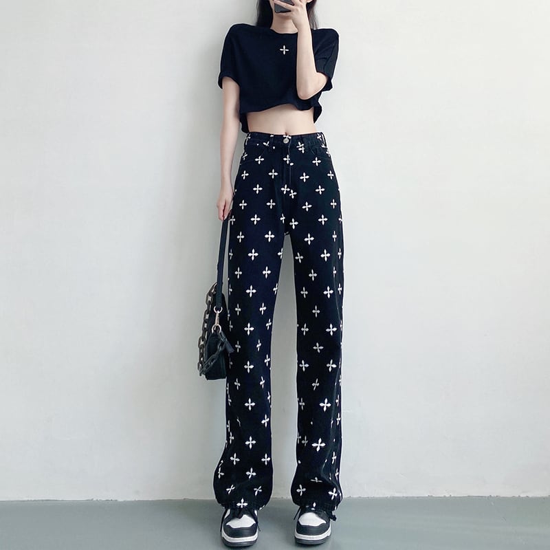 Other - パンツ ボトム デニム パンツ Gパン ワイド パンツ ハイウエスト クロス 十字架模様 カラーデニム モノトーン ゆったり コットン ストレート 綿 美脚 動きやすい 韓国 ヒップアップ 流行り