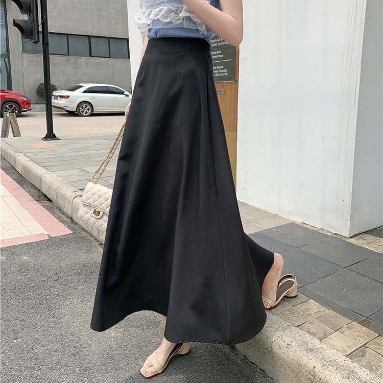 Rakuten - スカート ボトムス ミモレ丈 ロング丈 フレア 薄手 ウエストゴム ジップウエスト ボリューム モード ハイウエスト ワイド ゆったり ストレッチ 韓国 かわいい 可愛い リラックス きれいめ