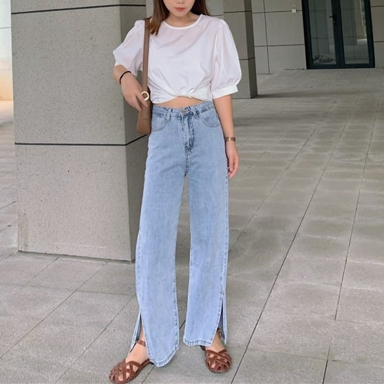 Other - ジーンズ ボトムス 長ズボン ワイドジーパン スリットタック ハイウエスト ウォッシュ加工 10分丈 9分丈 スキニー スリット ストレッチ 美脚 動きやすい 韓国 かわいい 可愛い リラックス