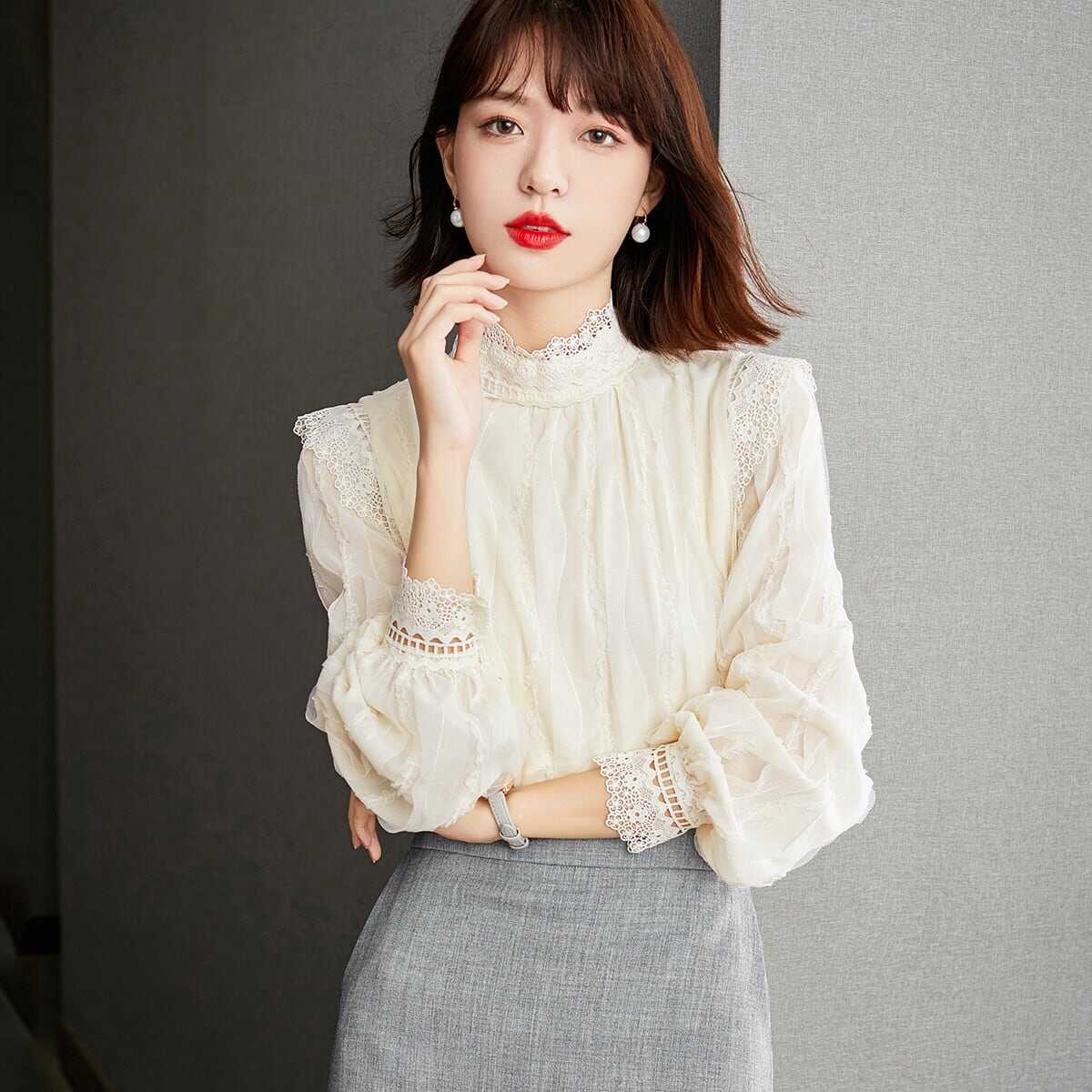 Long-Sleeved - トップス シャツ ブラウス 袖あり 長袖 ハイネック レース 刺繍 かわいい 大人可愛い きれいめ シンプル カジュアル 大人 上品 おしゃれ お洒落 レトロ 大人可愛い 大人女子 こなれ感