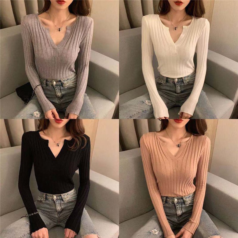 Rakuten - トップス セーター Vネック 長袖 ブラウス 袖あり ピッタリ フィット レディース 女子 大人 上品 きれいめ 綺麗系 無地 シンプル セクシー スリム 韓国 グレー ホワイト アプリコット