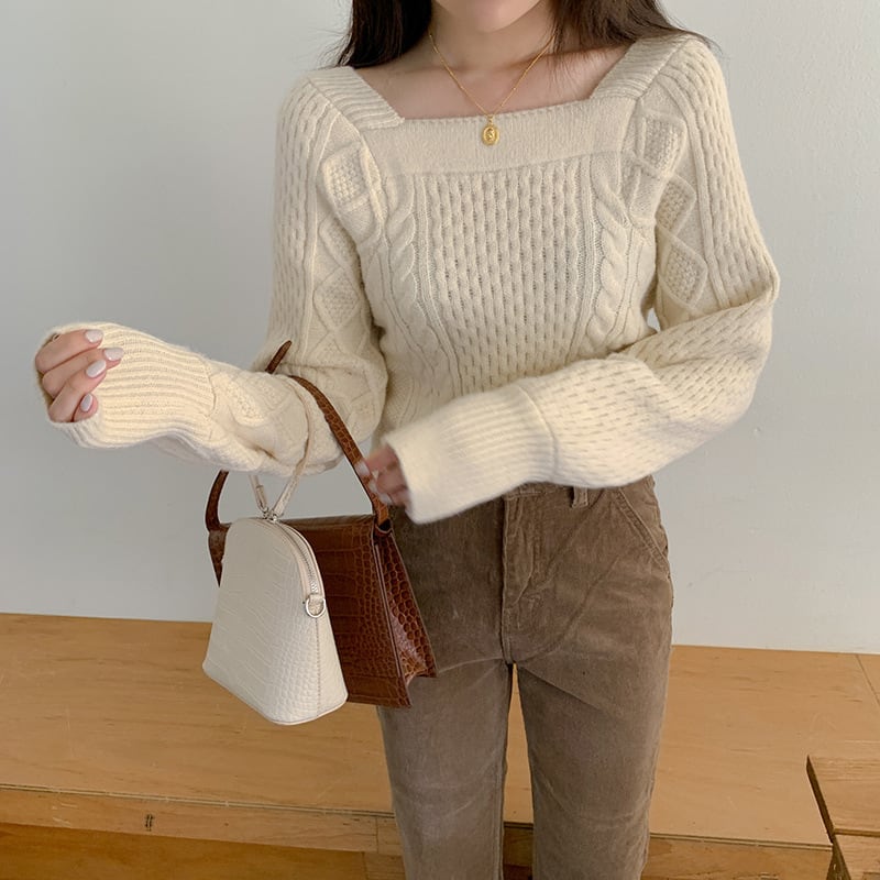 Square Neck - トップス 上着 人気 おすすめ おしゃれ お洒落 激安 安い 送料無料 プチプラ パーカー フーディー スウェット ニット セーター コーディガン アラン ニット フィッシャーマン ニット 長袖