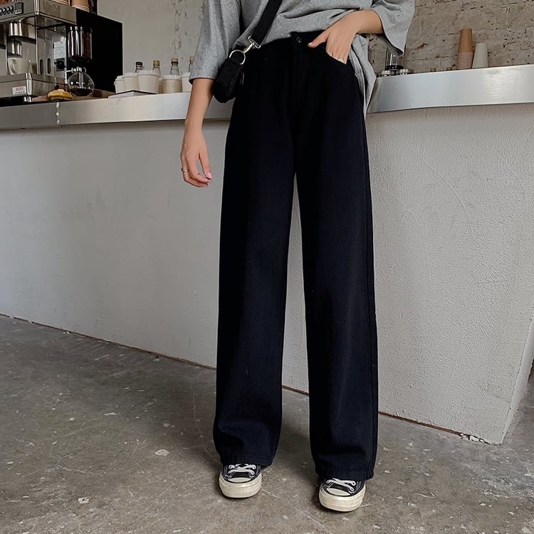 Rakuten - パンツ ボトム デニム パンツ Gパン ワイド パンツ ハイウエスト カラーデニム モノトーン ゆったり コットン ストレート 綿 美脚 動きやすい 韓国 ヒップアップ 流行り かわいい 可愛い