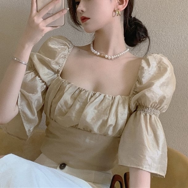 トップス ブラウス レディース 袖あり 五分袖 七分袖 スクエアネック しわ加工 ギャザー デザイン袖 ギャザー ハイウエスト クロップ丈..