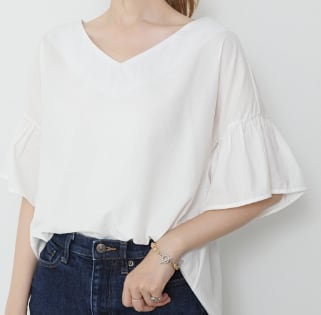 Rakuten - トップス デート Tシャツ シャツ 白シャツ 白トップス 袖あり 5分袖 Vネック 襟なし フレア セミフレア スリム タイト 細身 ストレート スマート かわいい 大人可愛い きれいめ シンプル