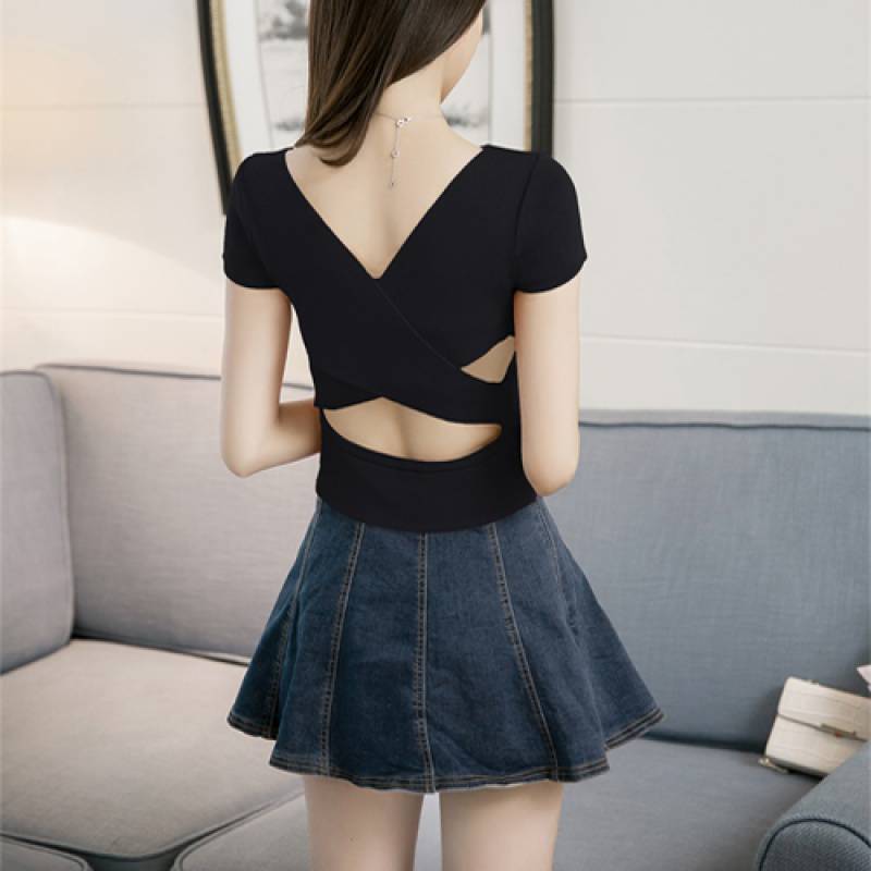 V-Neck - トップス 袖あり 半袖 Vネック タイト 細身 バックオープン ニット かわいい 大人可愛い カジュアル 大人 上品 おしゃれ 大人可愛い ラブリー キュート セクシー 無地 夏 10代 20代