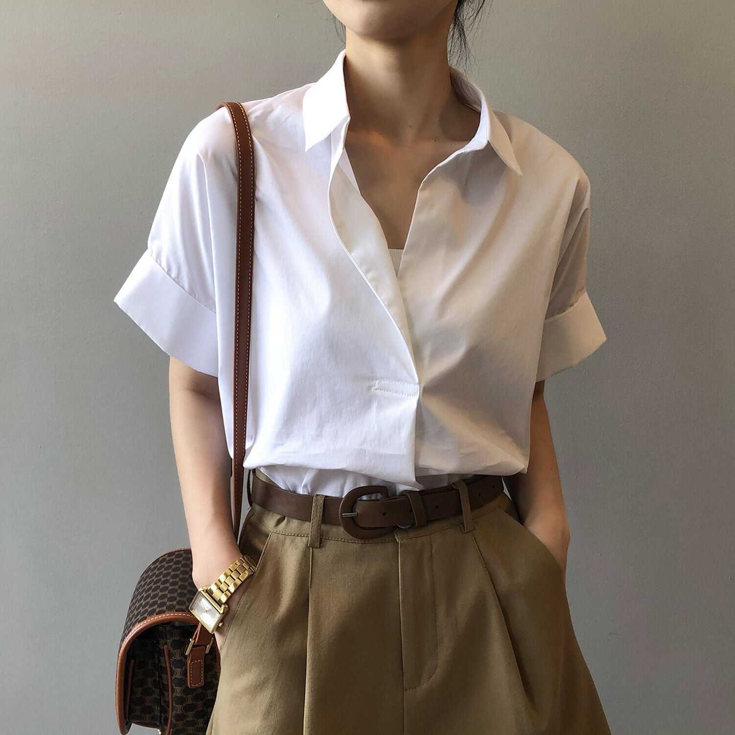 Short Sleeves - トップス シャツ 袖あり Vネック 襟付き 綿 ポリエステル きれいめ シンプル カジュアル 大人 おしゃれ かっこいい 大人女子 こなれ感 ラフ 無地 春 夏 10代 20代 30代 レディース オフィス