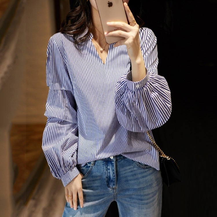 Rakuten - トップス デート シャツ ブラウス 袖あり 長袖 フレア セミフレア スリム タイト 細身 ストレート スマート レース 上下セット 2点セット かわいい 大人可愛い きれいめ シンプル